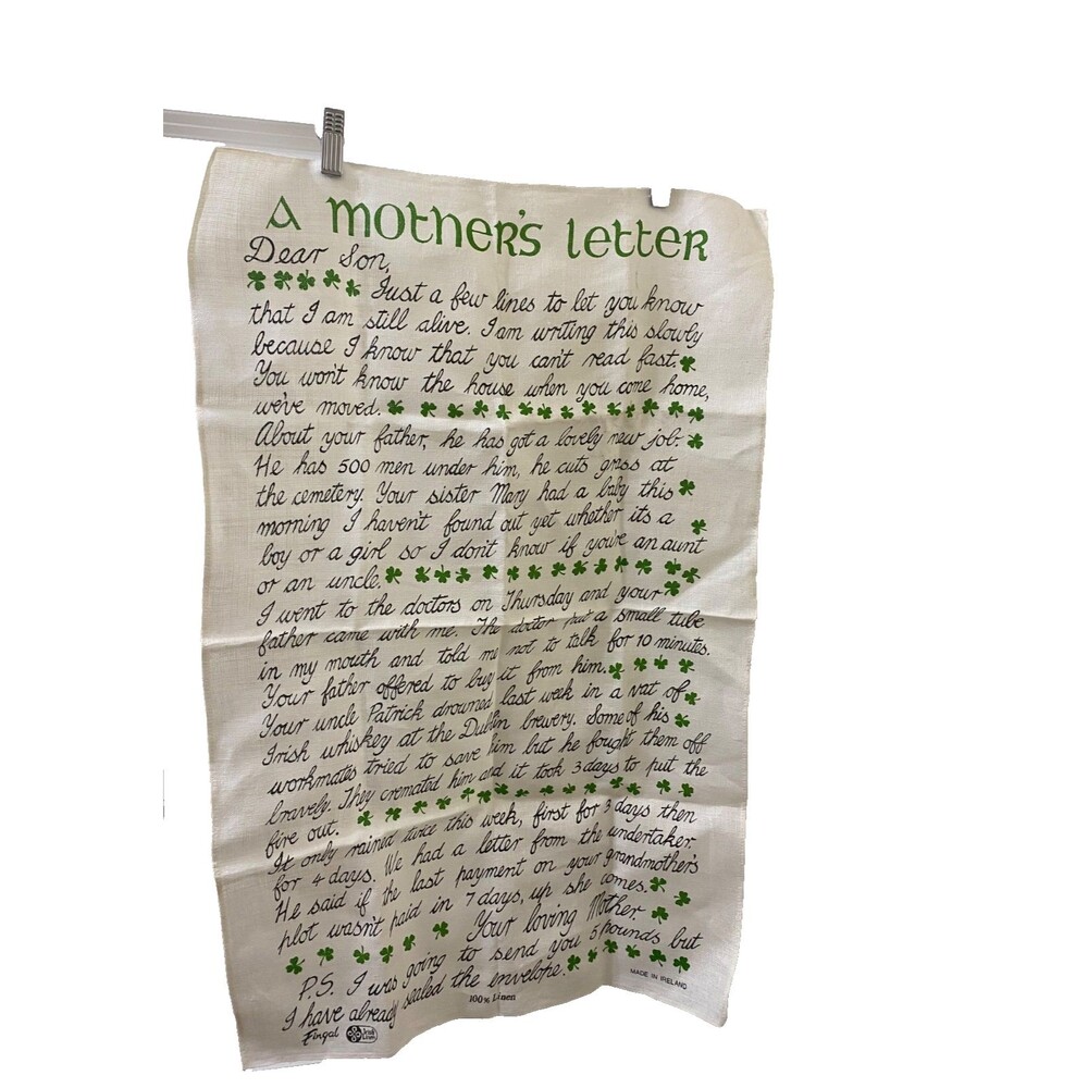 VTG Fingal Humorous A MOTHERS LETTER Irish Linen Tea Towel /Wall Hanging Ireland